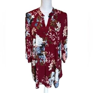 NWT Honeyme Long Tunic Top Floral Burgundy - Large